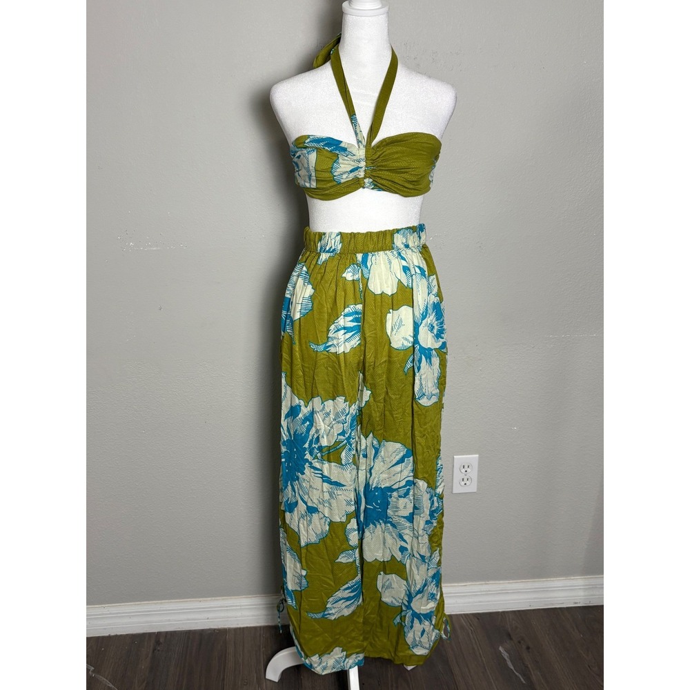 Anthropologie XS Tropical 2 Piece Set Crop Top Wide Leg Pant Resort Boho Coastal